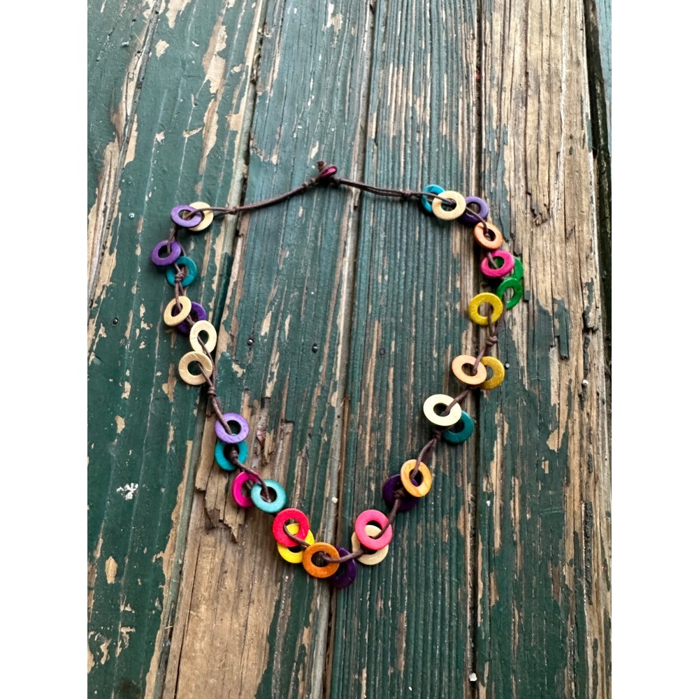 Boho Multi Color Wooden Ring Cord Necklace Handmade Artisan Festival Jewelry